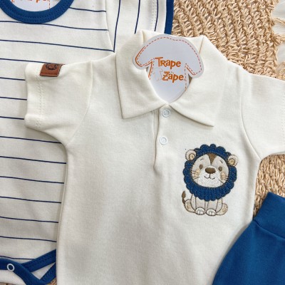 Conj. de Malha 3 peças - Leão com Jubinha - Azul Jeans com Off White